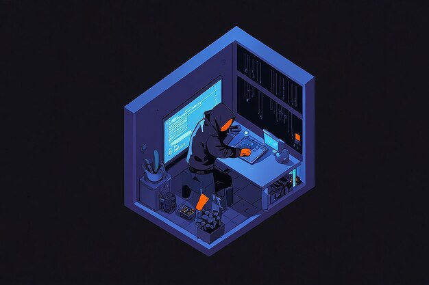 Hacker isométrico robando Bitcoin, una amenaza para la ciberseguridad