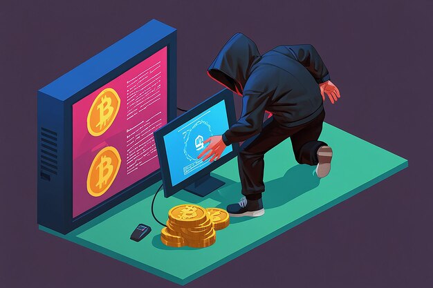 Hacker isométrico robando Bitcoin, una amenaza para la ciberseguridad