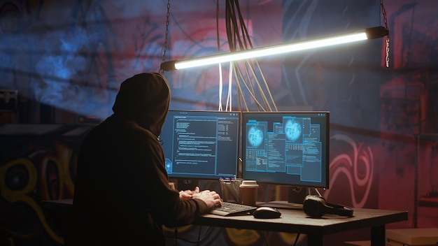 Hacker kommen mit Neonlichtern und Graffiti-Kunst in die unordentliche Operationsbasis.