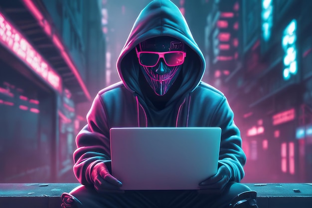 hacker con laptop y computadora en luz de neónhacker con laptop y computadora en luz de neóncyber secu