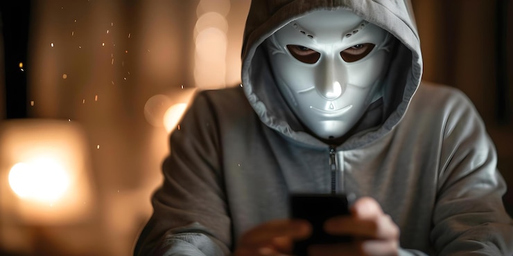 Foto un hacker con una máscara blanca roba datos usando un teléfono inteligente concepto de ciberseguridad robo de datos hacker con máscara de teléfono inteligente actividad criminal