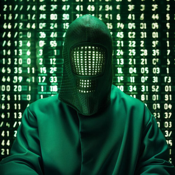 Foto hacker con una máscara verde con código binario en un fondo oscuro