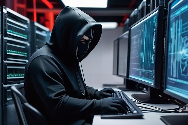 Hacker mascarado está usando computador para organizar ataque de violação de dados maciça em servidores corporativos