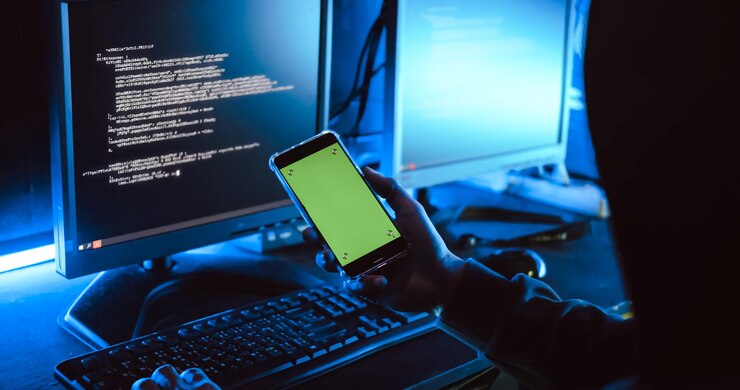 Foto un hacker masculino está usando una computadora para piratear datos para exigir un rescate de las víctimas