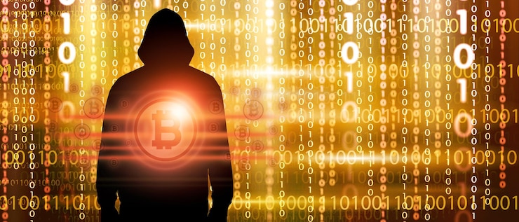 Foto hacker masculino robando el concepto de moneda criptográfica