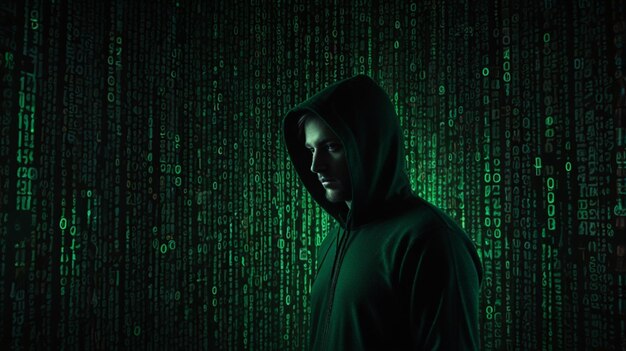 Hacker misterioso en una habitación oscura con fondo de código