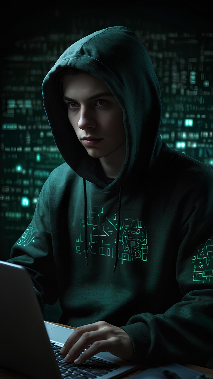 Foto hacker misterioso rodeado de símbolos codificados el lado oscuro de internet