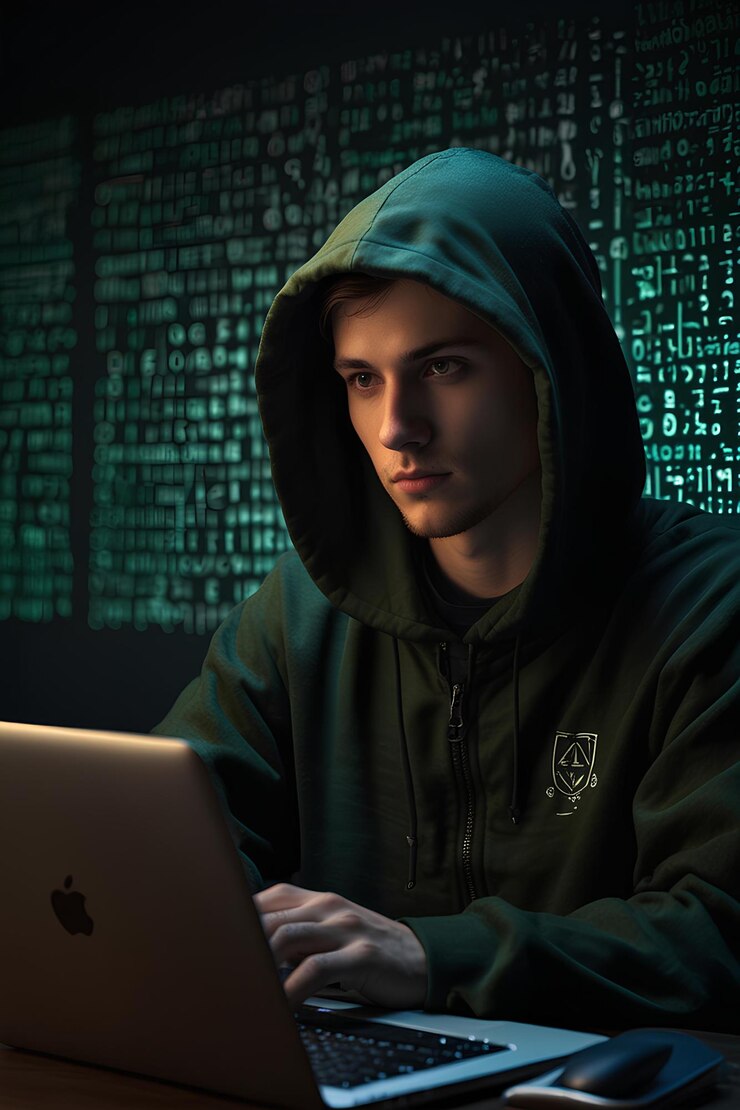 Foto hacker misterioso rodeado de símbolos codificados el lado oscuro de internet