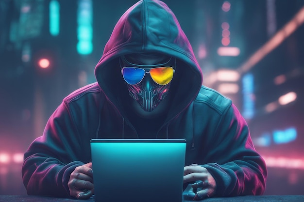 Hacker mit Computer im Hintergrund eines Laptops mit einem Hoodhacker mit Computer im Hintergrund