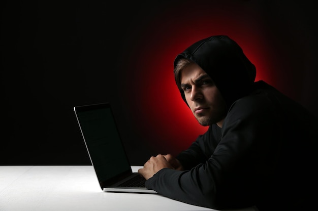 Hacker mit Computer und Laptop auf buntem dunklem Hintergrund