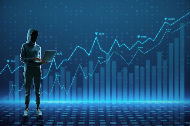 Hacker mit Laptop mit abstraktem, leuchtend blauem Business-Graph-Hologramm auf verschwommenem Hintergrund Economy Finance Hacking Datendiebstahl und Konzept für digitales Geld