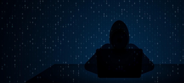 Hacker mit Laptop mit digitaler Schnittstelle mit binärem Code Hacking und Malware-Konzept Internet-Sicherheitsschutz