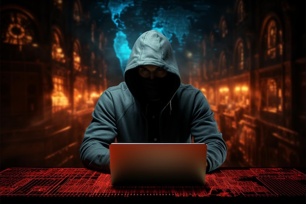 Hacker mit Laptop und Kapuzenjacke sitzt am Tisch