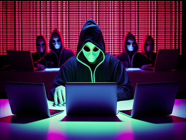 Hacker modernizado con capucha Concepto de organización o asociación de grupos de hackers
