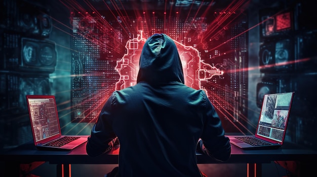 Hacker na frente de seu computador cometendo crimes cibernéticos digitais