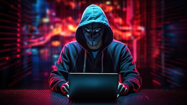 hacker na frente de seu computador cometendo crimes cibernéticos digitais