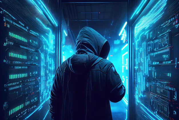 Hacker no capuz preto na sala do servidor Pessoas irreconhecíveis Tecnologia e segurança cibernética e conceito criminal Generative AI