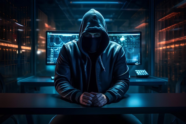 Hacker no quarto escuro Conceito de crime na Internet Generative AI