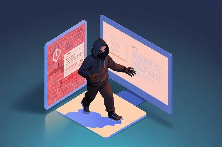 Foto hacker o ladrón isométrico 3d plano sale del monitor y roba la carpeta