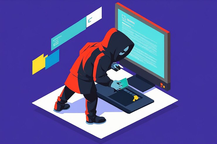 Foto hacker o ladrón isométrico 3d plano sale del monitor y roba la carpeta