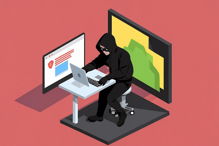 Foto hacker o ladrón isométrico 3d plano sale del monitor y roba la carpeta