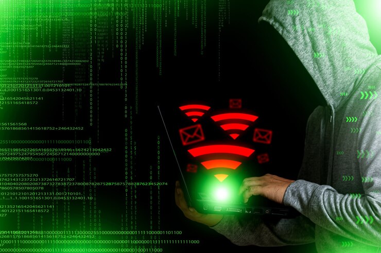 Foto hacker online encontre informações pessoais, finanças, bancos, interbancos, senhas de pessoas via wi-fi através do mundo online e telefones celulares no futuro.