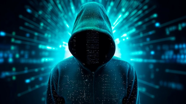 Hacker de pie entre los servidores iluminados IA generativa