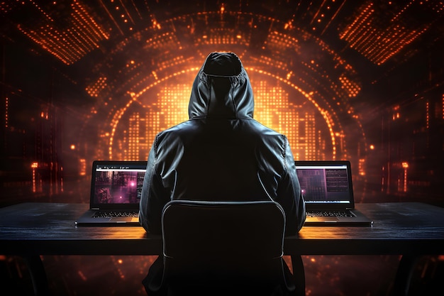 Foto hacker pirateó el firewall en la computadora portátil el estafador anónimo roba los datos personales del usuario