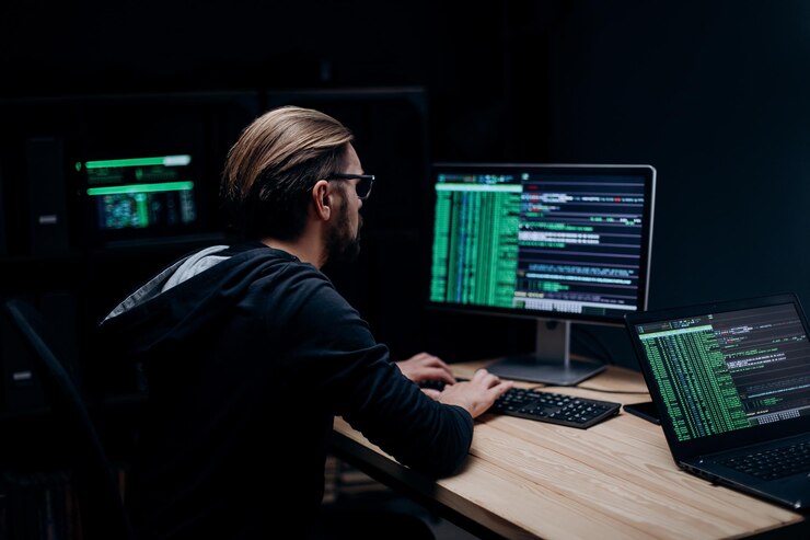 Hacker profesional trabajando en computadora