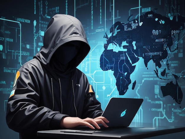 Hacker profesional usando una computadora portátil en la mesa contra un fondo oscuro