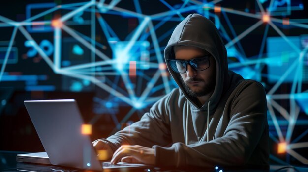 Hacker Programador em Óculos Trabalha em um Laptop