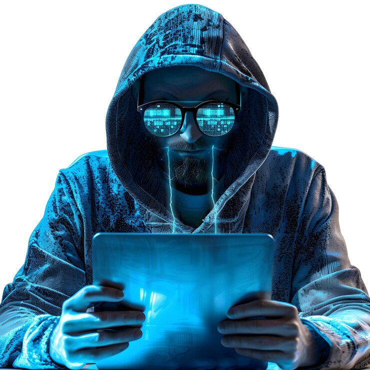 Foto hacker que establece un mercado de la web oscura para bienes digitales y transacciones de criptomonedas aislado