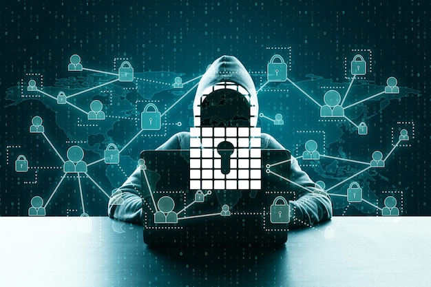 Hacker que usa una computadora portátil con un holograma de red de candado abstracto sobre fondo de código binario azul Concepto de protección y malware Multiexposición
