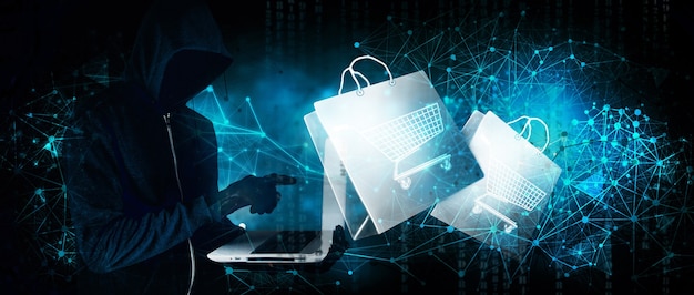 Hacker realiza compras en línea a través de la piratería en un azul