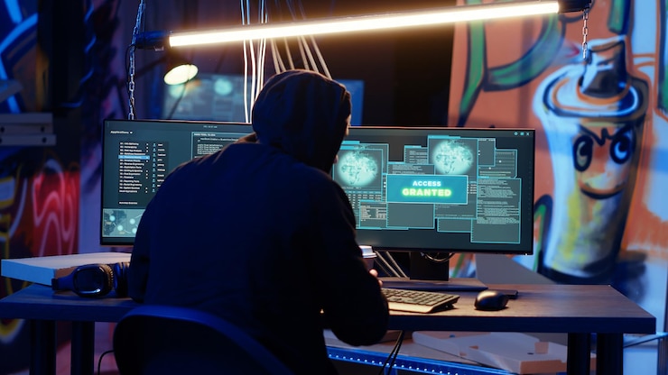 Foto hacker en refugio oculto emocionado después de lograr lanzar un exitoso ataque ddos