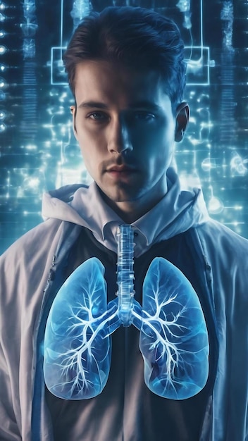 Hacker con resumen azul brillante pulmones médicos interfaz de fondo con íconos medicina e innovar