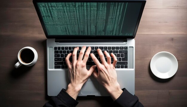 Foto hacker robando datos de la computadora portátil de arriba hacia abajo