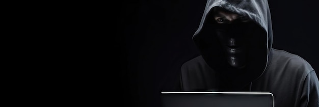 Hacker sin rostro en una capucha sostiene una computadora portátil sobre un fondo oscuro Banner seguridad cibernética Generar AI
