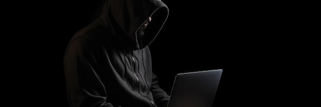 Hacker sin rostro en una capucha sostiene una computadora portátil sobre un fondo oscuro Banner seguridad cibernética Generar AI