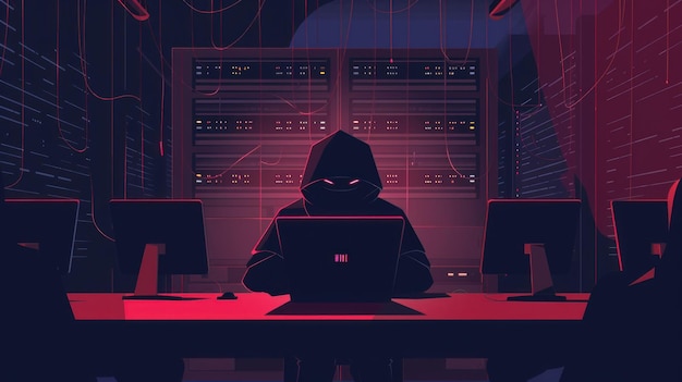 Hacker en una sala de servidores oscura