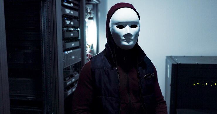 Foto hacker de sala de servidores y persona con máscara noche y estafa de ciberseguridad phishing y cibercrimen misterioso ladrón y cubierta de cara fraude y espía con robo de sistemas y cables para hackear