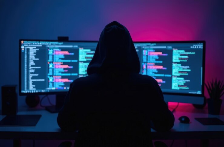 Foto un hacker de seguridad cibernética en un cuartel general oscuro con una luz de neón en la pared frente a dos pantallas