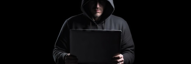 Hacker sem rosto em um capuz segura um laptop em um fundo escuro Banner de segurança cibernética Gerar IA