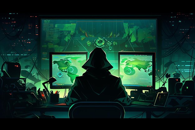 Hacker sentado en la computadora ciberseguridad y concepto antispyware AI generado