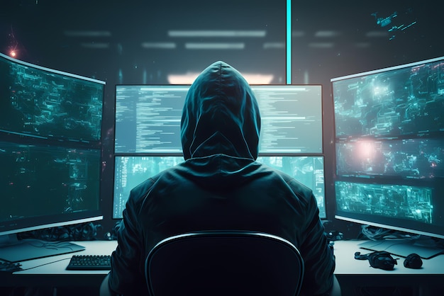 hacker sentado na frente da tela do computador com várias janelas abertas multitarefa cibercrime