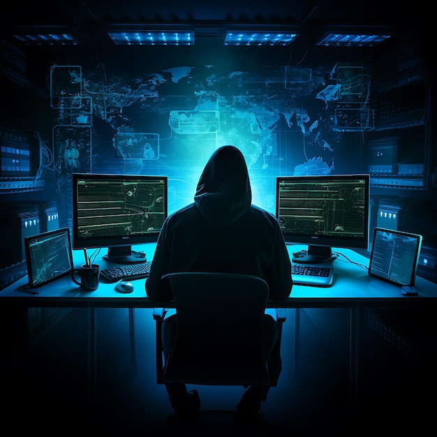 Foto hacker sentado no computador cibersegurança e conceito anti-spyware gerado por ia