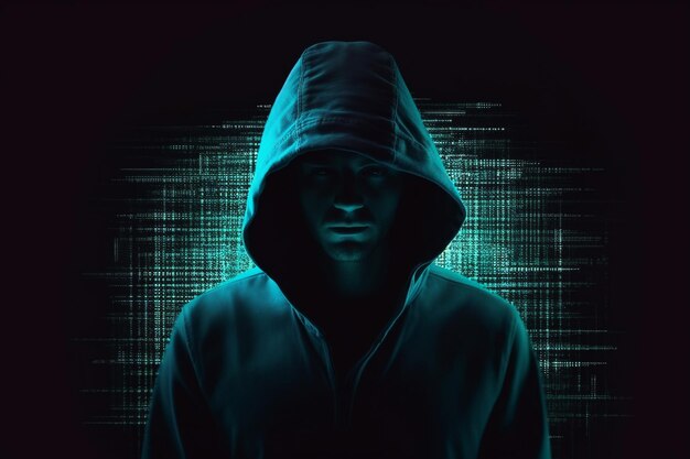 Hacker-Silhouette, Computercode, gesichtsloser männlicher Hacker vor animiertem Computercode-Hacker