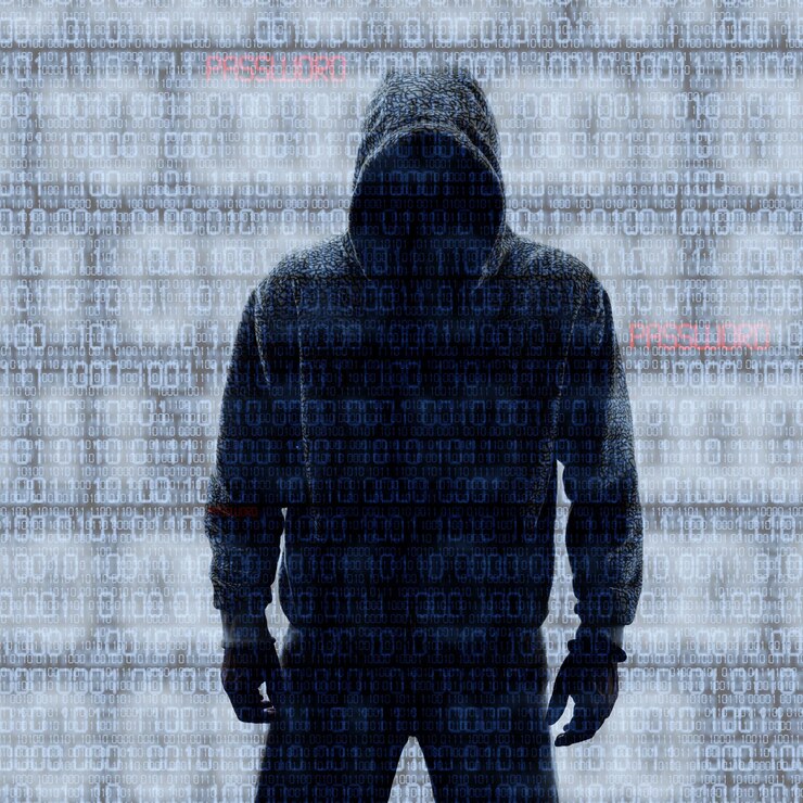 Foto hacker en silueta y códigos binarios