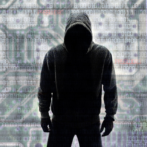 Hacker en silueta y códigos binarios