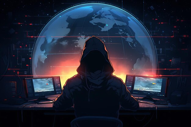 Hacker sitzt am Computer, Cybersicherheits- und Antispyware-Konzept, generiert von der KI